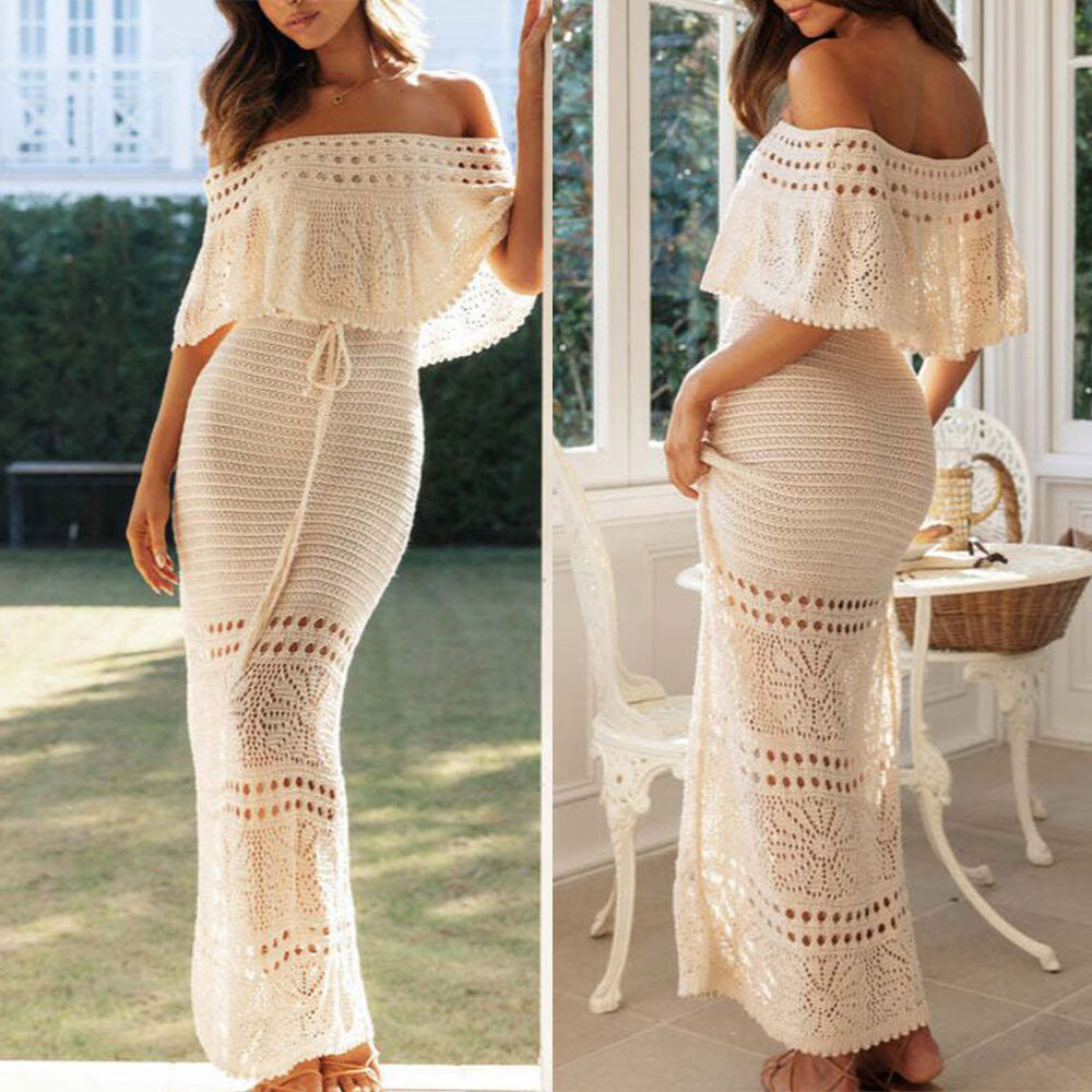 Hollow Lace Up Off Shoulder Long Dress Women Knit Crochet Ladies Casual Dress UK