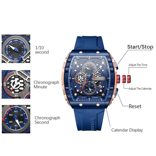 Reloj de pulsera cuadrado de lujo con banda de goma resistente al agua acero inoxidable con fecha para hombre - Imagen 17 de 25