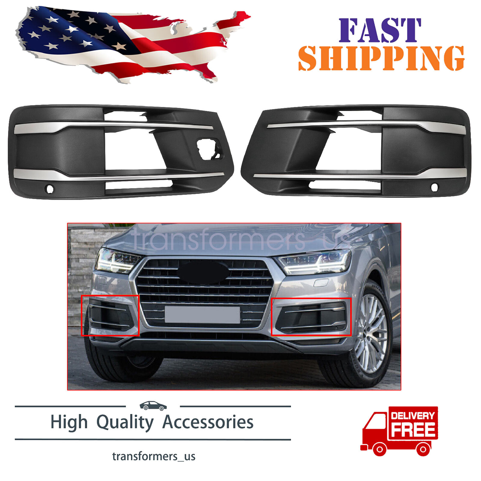 Left+Right Front Bumper Fog Light Cover Grille W/ Base Plate For Audi Q7 16-2019