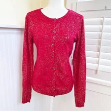 Calvin Klein Red & Gold Metallic Splatter Print Angora Blend Cardigan Sweater