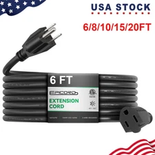 6/8/10/15/20 Foot Black Outdoor Extension Cord - 16/3 SJTW Waterproof Cord New