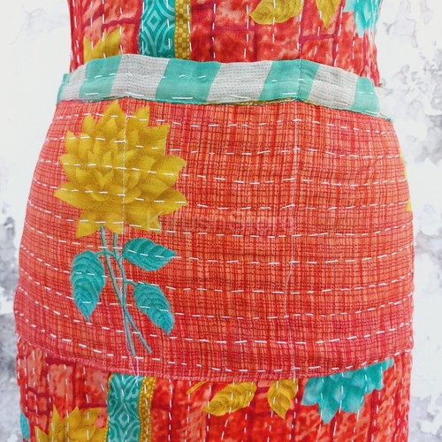 Handmade Vintage Kantha Orange Floral Kitchen Apron For womens Indian Apron Gift - Picture 3 of 7
