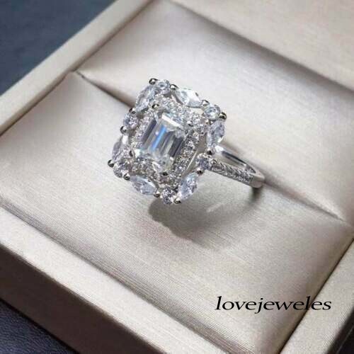 2CT White Emerald Cut Real Moissanite Halo Engagement Wedding 925 Silver Ring - Picture 3 of 6