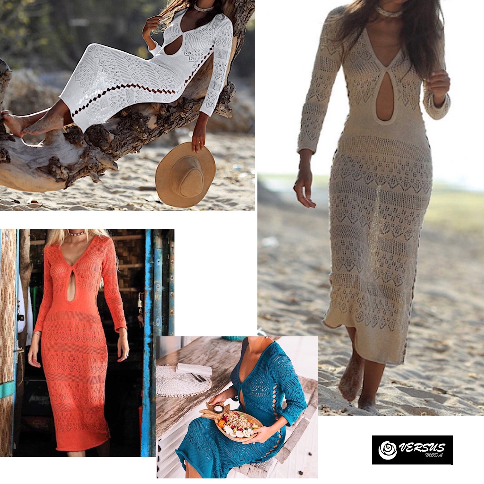 Copricostume Donna Elegante Con Scollo A V - Vestito Spiaggia Lungo Manica - Foto 5