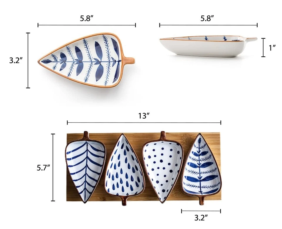 5-Pcs Appetizer Set 13" Bamboo Tray Condiment Bowls Serving Platter Snack Tray - Image 3 of 4