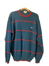 VTG 80s Lacoste Izod Blue Red Striped Crest Sweater OG Aligator Chunky Knit XL