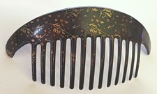 Vtg Antique Ornamental Dark Brown Curved Hair Comb 6" w Golden Floral Pattern