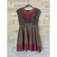 FOREVER 21 100% Silk with cotton embroidered details crewneck dress S Gray Red