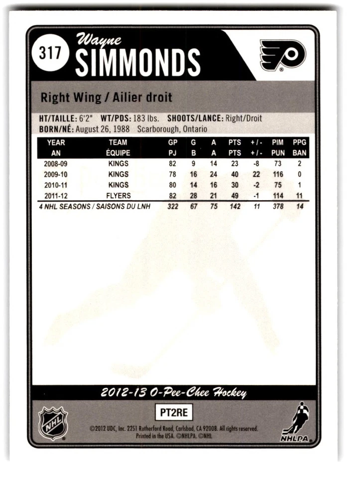 2012-13 O-Pee-Chee Rainbow Wayne Simmonds #317 Philadelphia Flyers - Image 2 of 2