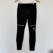 ASICS Running Tights Pants Small Black Reflective Trim Zip Ankle Rear Pocket