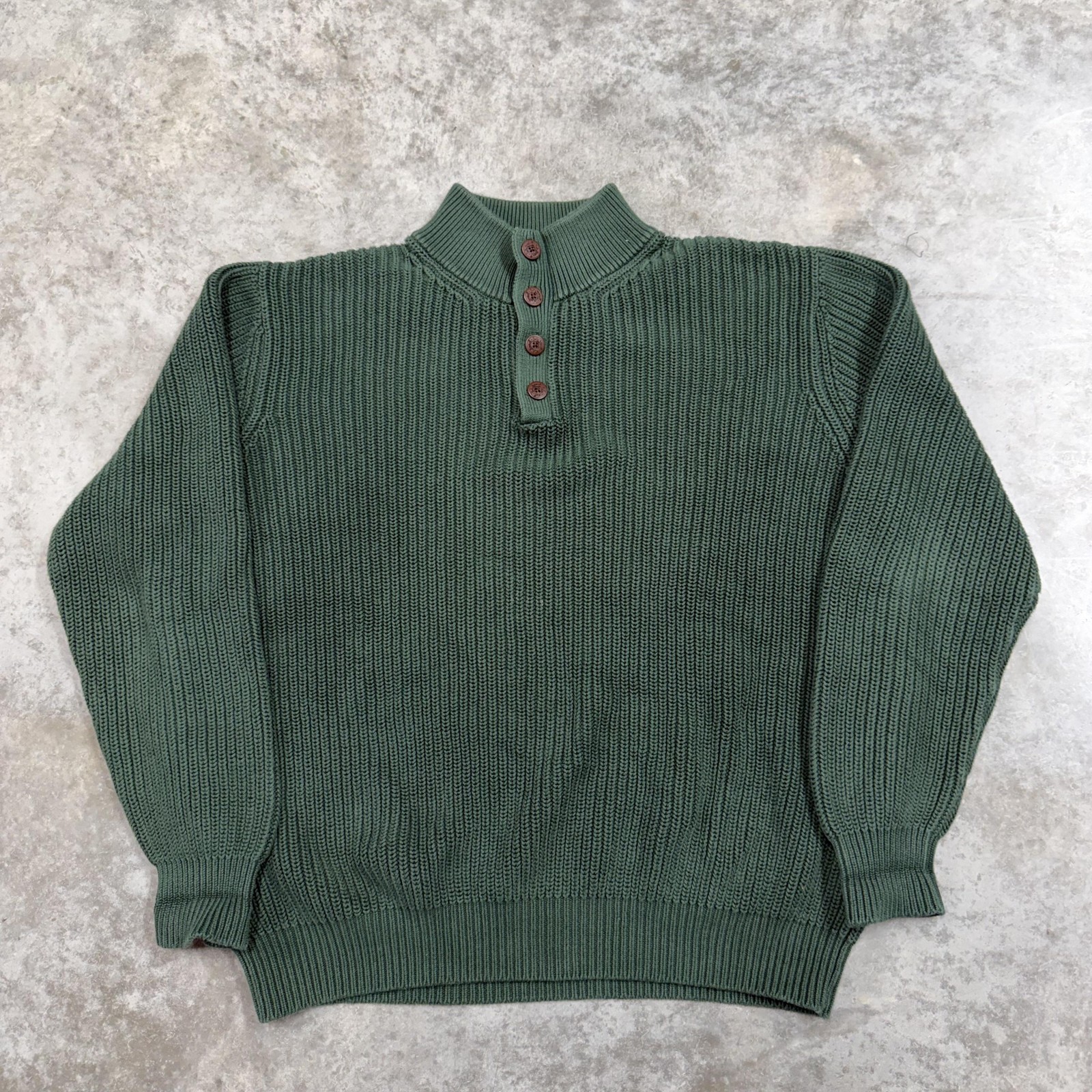 LL Bean Sweater Mens XL Green Mock Neck Henley Tight Knit Heavyweight Pullover