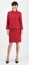 Le Suit Cherry Red Holiday 2 Piece Suit Pencil Skirt Jacket Gold Buttons 4 NEW