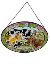 Vintage Joan Baker Tiffany Style Painted Stained Glass - Cow Family Sun Catcher