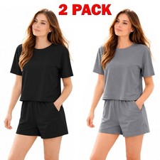 2 Pack Womens Pyjamas Shorts Set Summer Short Sleeve Loungewear Nightwear Pjs
