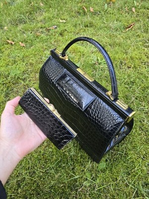  Vintage 1950s 60s Handbag | Black Croc-Style Embossed Bag | Retro Top Handle 