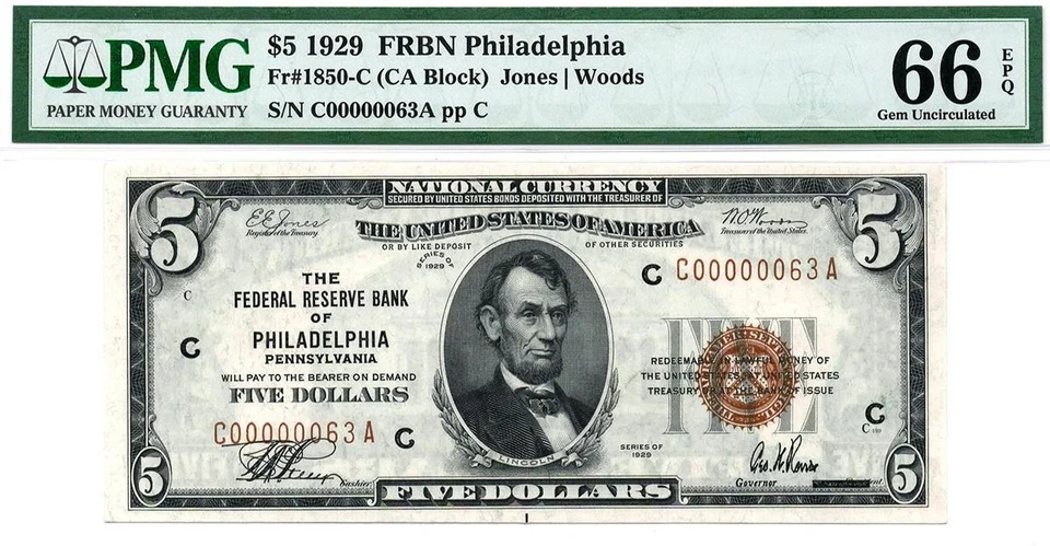 1929 $5 Philadelphia LOW SERIAL 2-Digit C00000063A FRBN • 1850-C • PMG 66 EPQ - Image 2 of 3