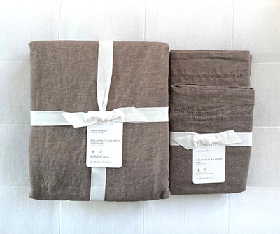 Pottery Barn BELGIAN FLAX LINEN Duvet Full Queen & Standard Shams Cafe Noir NWT