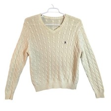 Polo Ralph Lauren Cream Cable Knit V Neck Sweater Men Size Medium Read