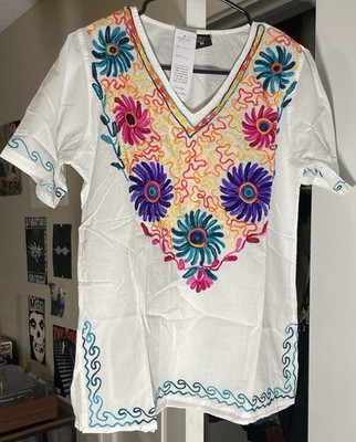 Omja World Embroidered Floral Cotton Tunic Blouse V-Neck Short Sleeve White M