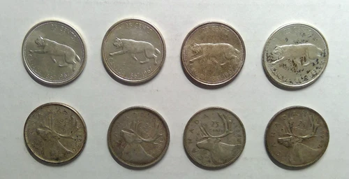 Lot of 8 Canada 1947 '49 '53 '60 & (4) 1867-1967 25C Silver Quarters 80% Silver