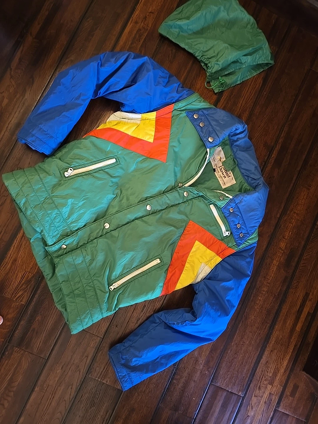 Vtg Large Camel Goose Down Green BLUE Jacket MenS M Ski Groovy 80s90s Geometric