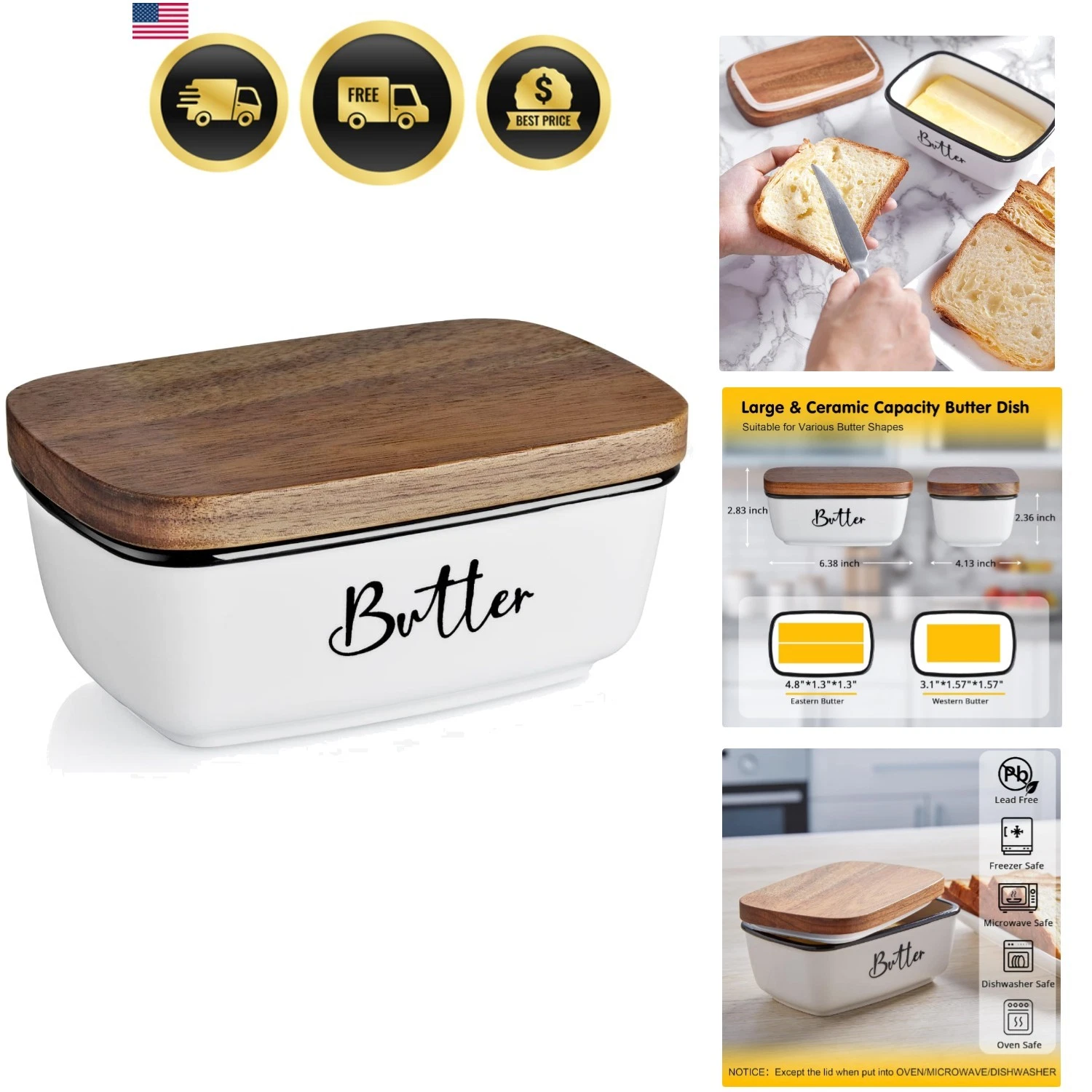 Butter Dish with Lid, Large Ceramic Butter Dish for Countertop, Butter Keeper...