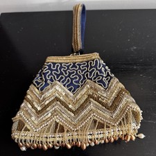 Beaded Sequin Potli Bag For Women Indian Traditional W/ Sequins And Pearls Navy