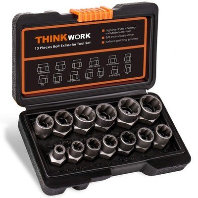 THINKWORK Bolt Extractor Set, 13+1 Pieces Impact & Nut Remover Stripped Lug Remo