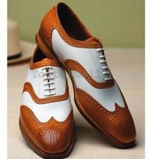 Handmade Men's Leather Two Tone Brown  White Real Wing Tip Brogue Shoes-278