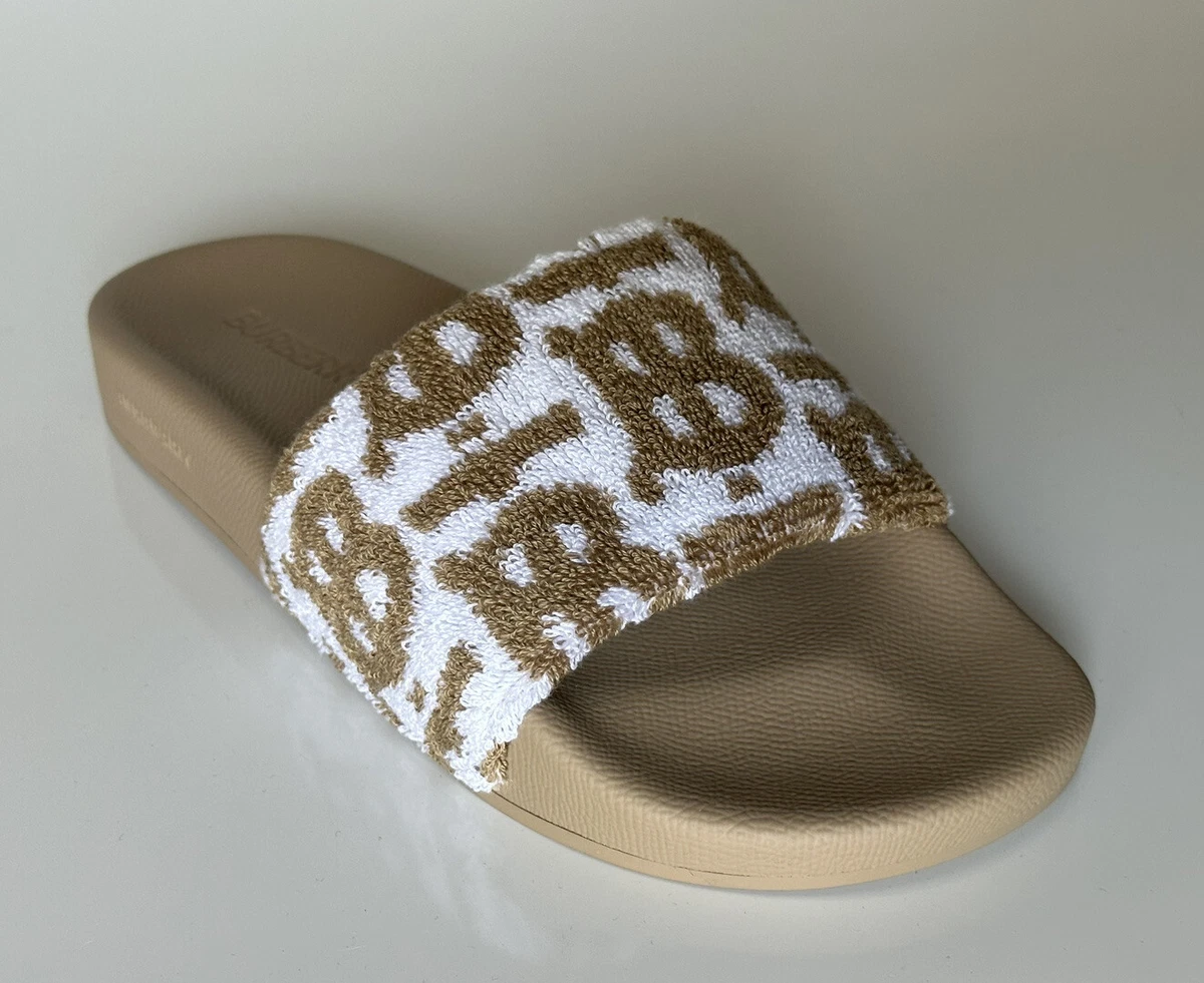 NIB 490 Burberry Furley Womens TB Beige White Slides Sandals 11