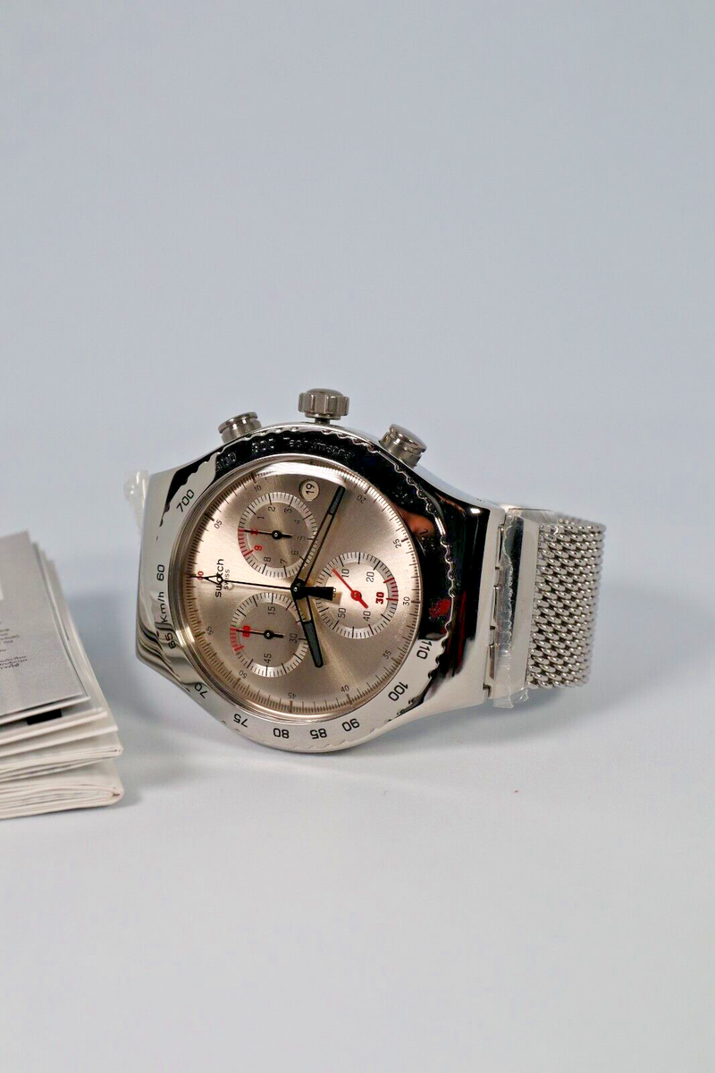 New Swiss Swatch YVS405GB SILVERISH Metal Band Chronograph