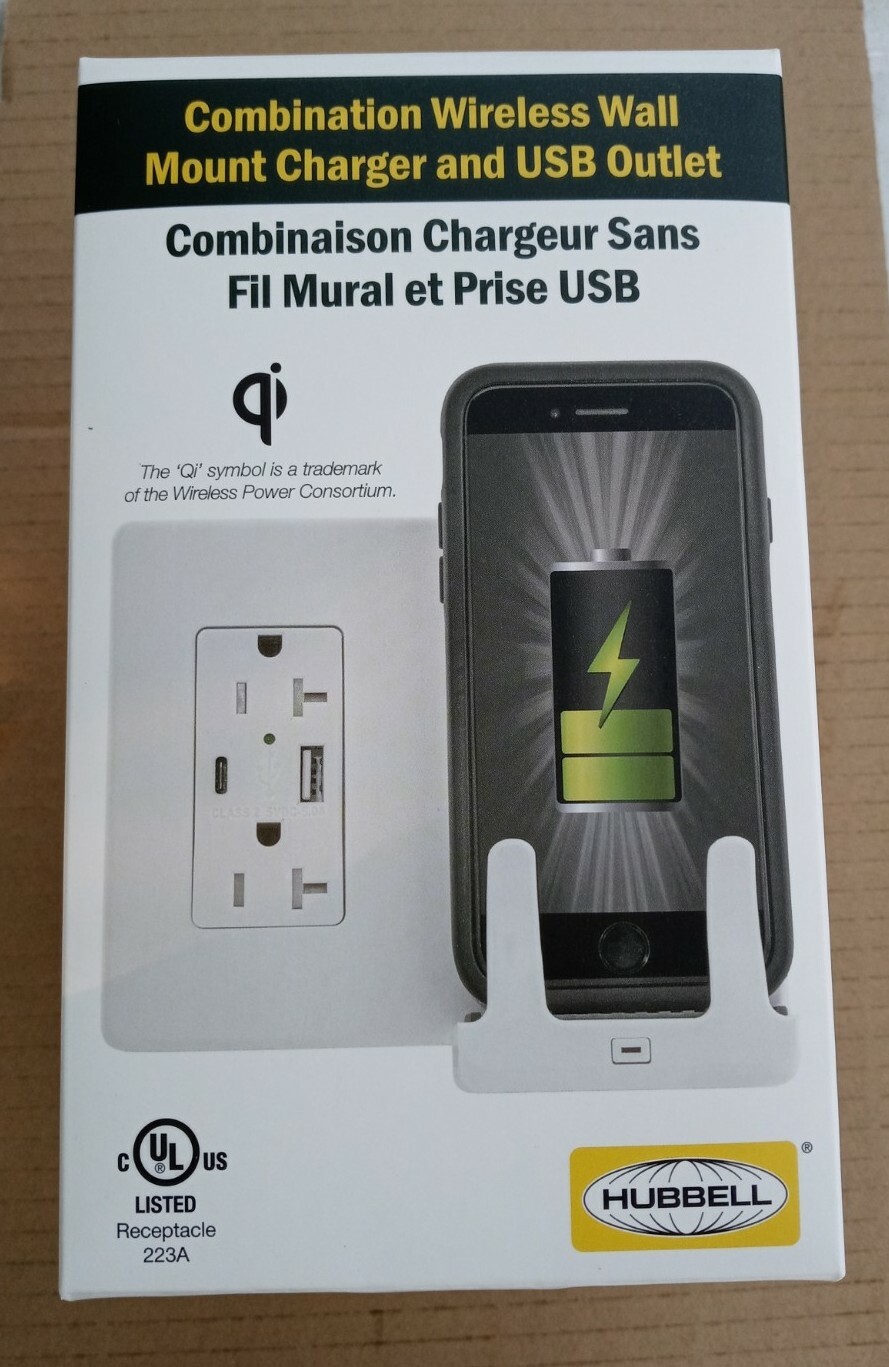 Hubbell 20 Amp Duplex  Outlet Type A and C Wireless Charger USB WHITE USB2028AC