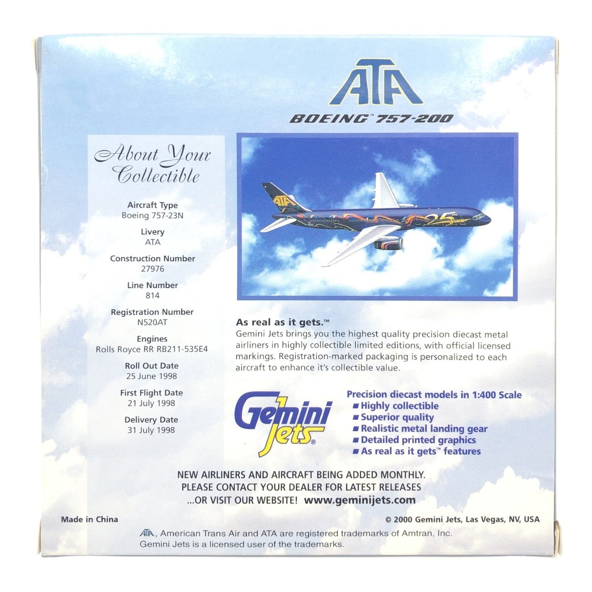 Gemini Jets GJATA086 1:400 Scale Die Cast ATA 25th