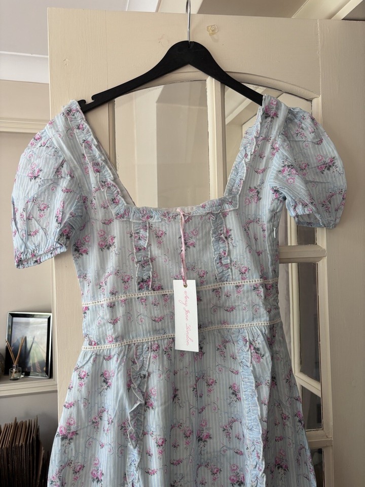 Amy Jane London Blue With Pink Flower Short Sleeve Midi Dress New XS eBay