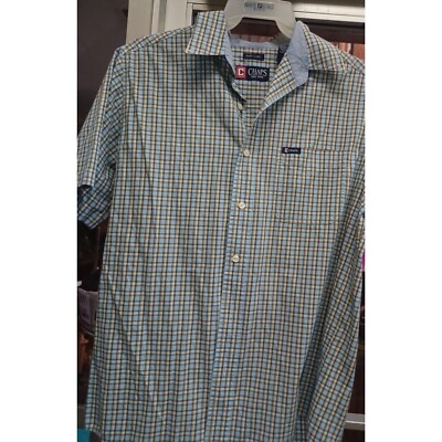 Chaps Mens Button Shirt  SS M Easy Care Light Blue Plaid/Checkers