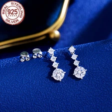 White Cubic Zirconia Bridal Round Dangle Drop Solid Sterling Silver 925 Earrings