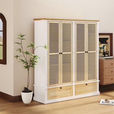 Wardrobe Armoire Closet Large 4 Shuttered Doors 2 Drawers Hanging Rod