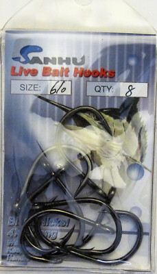 Five (5) Packs Sanhu Fishing 4X Live Bait Fish Hooks 8 Per Pack Size 6/0
