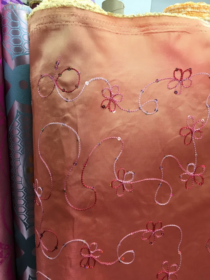 PEACH FLORAL SEQUINS EMBROIDERY TAFFETA FABRIC (60 in.) Sold By The Yard - Image 3 of 4