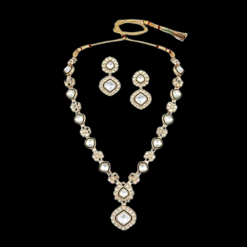 Gold Plated Emerald Polki Crystal Necklace and Earrings Set for Women