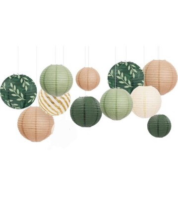 11 Pcs Party Decorations Paper Lanterns Set,  Green Beige Hanging Easy add Light