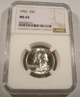 1952 NGC MS65 WASHINGTON QUARTER VERY WHITE GREAT LUSTER SILVER 25c MS 65