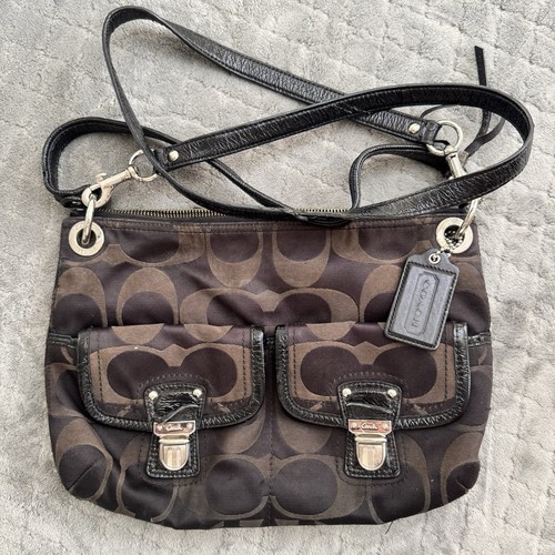 Coach Purse Poppy Signature Sateen Shoulder Bag Black W/ Silver Hardware