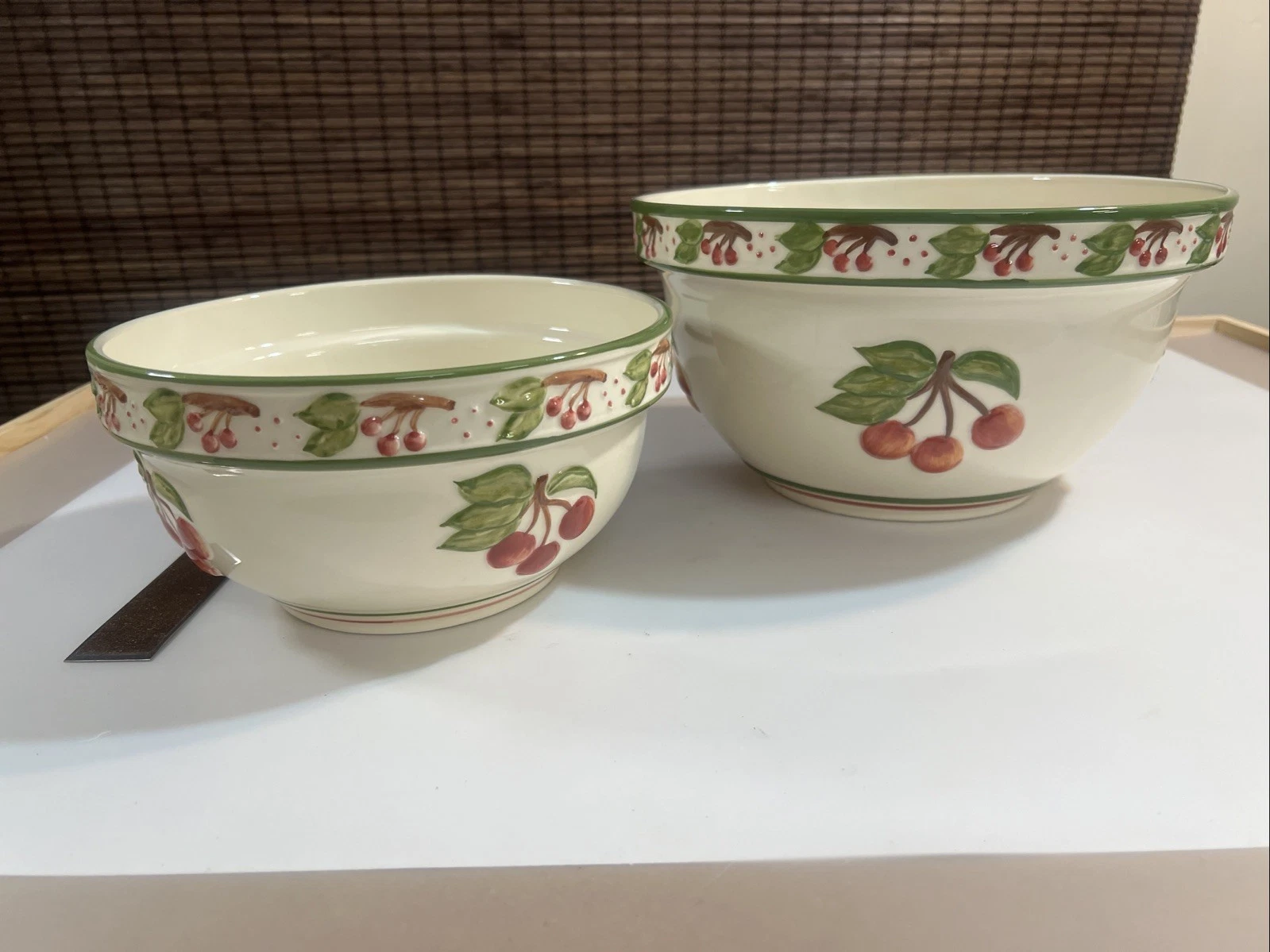 Vintage Ceramic Mixing Bowls – Embossed Cherries – Green Trim – Majolica Style –
Opens in a new wind
