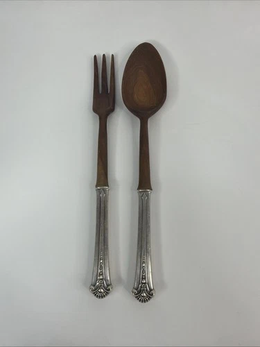 Vintage Wooden Salad Fork Spoon Set Sterling Handles S. Kirk & Son Worthington
