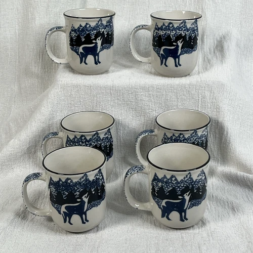 Vtg Folk Craft Wolf Tiensman Stoneware Mugs Coffee Cups SET OF 6 Cabin Outdoors