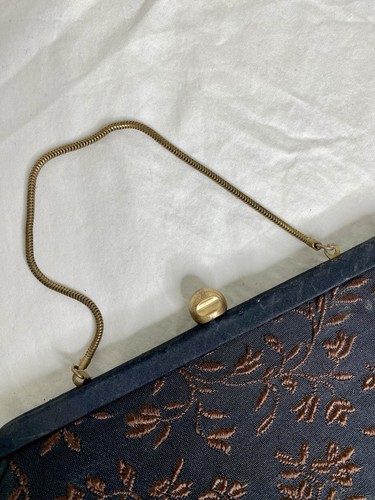 Vintage 1920’s Evening Clutch Purse Black Satin With Brown Floral Embroidery - Picture 3 of 8