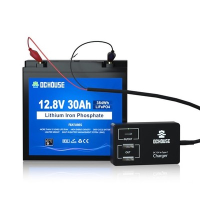 12V 30Ah Mini Lithium Battery 2-in-1 USB Charger 45W for Fish Finder Camping RV