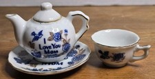 Vintage Miniature Porcelain Tea Set Japan I Love You Mom Blue Floral 4pc Teapot
