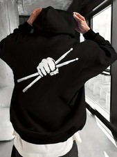 Men's Drum  Drummer Back Print Hooded Sweatshirt - Drumstick  Drum Design, Red